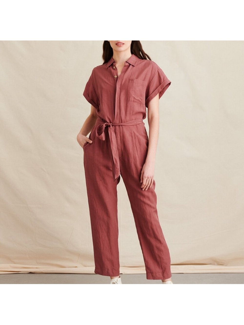 ALEX MILL Drapey Tencel Linen Belted Jumpsuit Rose color XL